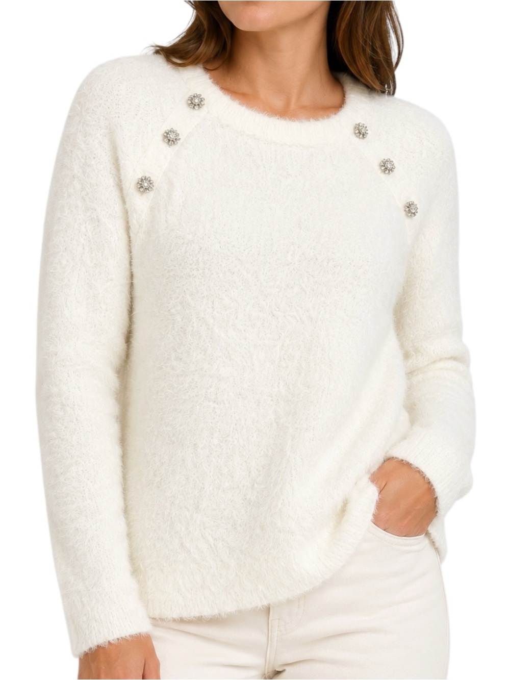 TALBOTS Ivory Plush Crystal Embellished Sweater XS